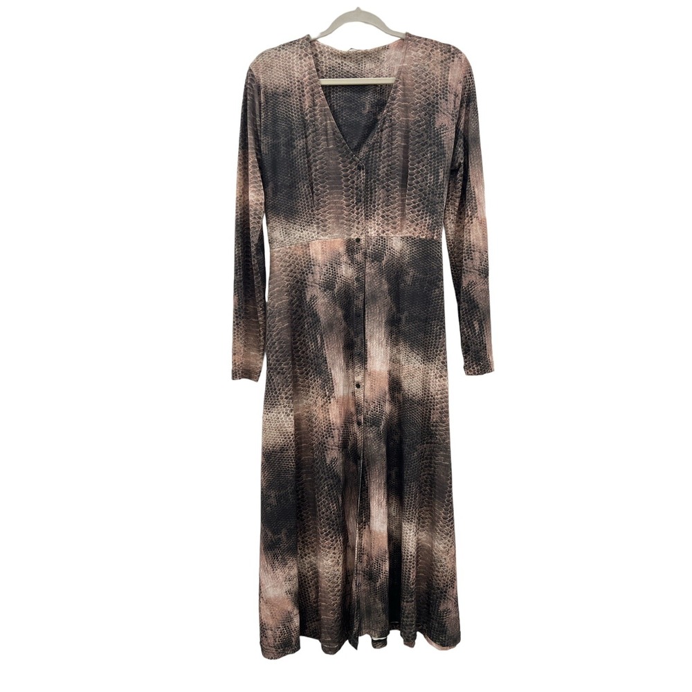 Zara Snakeskin Print Button Down Midi Dress Brown Black Long Sleeve Womens Small